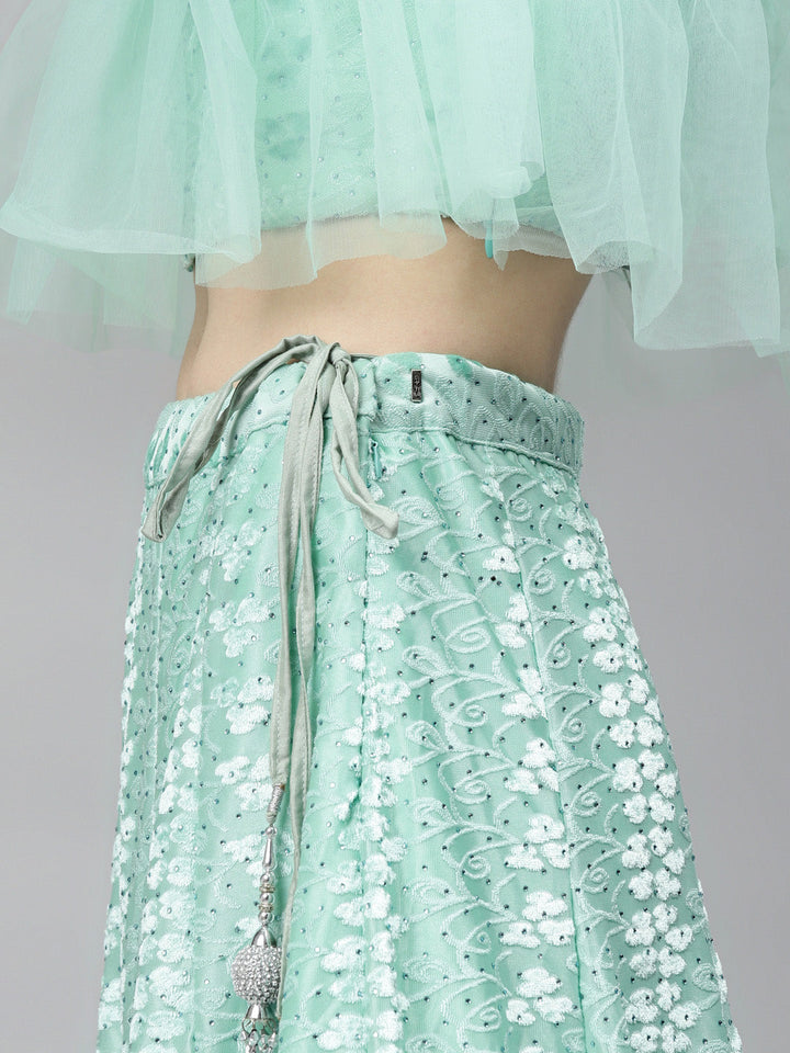 Pastel Brasso Embellished Lehenga Set with Peplum Style Ruffled blouse & Frilled dupatta