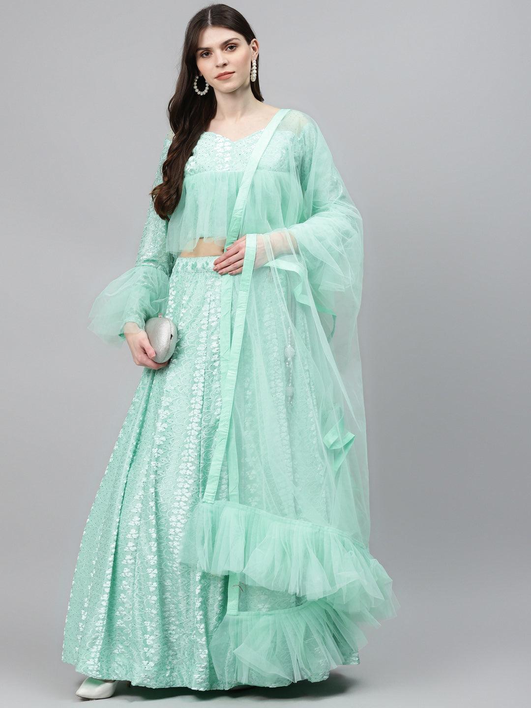 Pastel Brasso Embellished Lehenga Set with Peplum Style Ruffled blouse & Frilled dupatta
