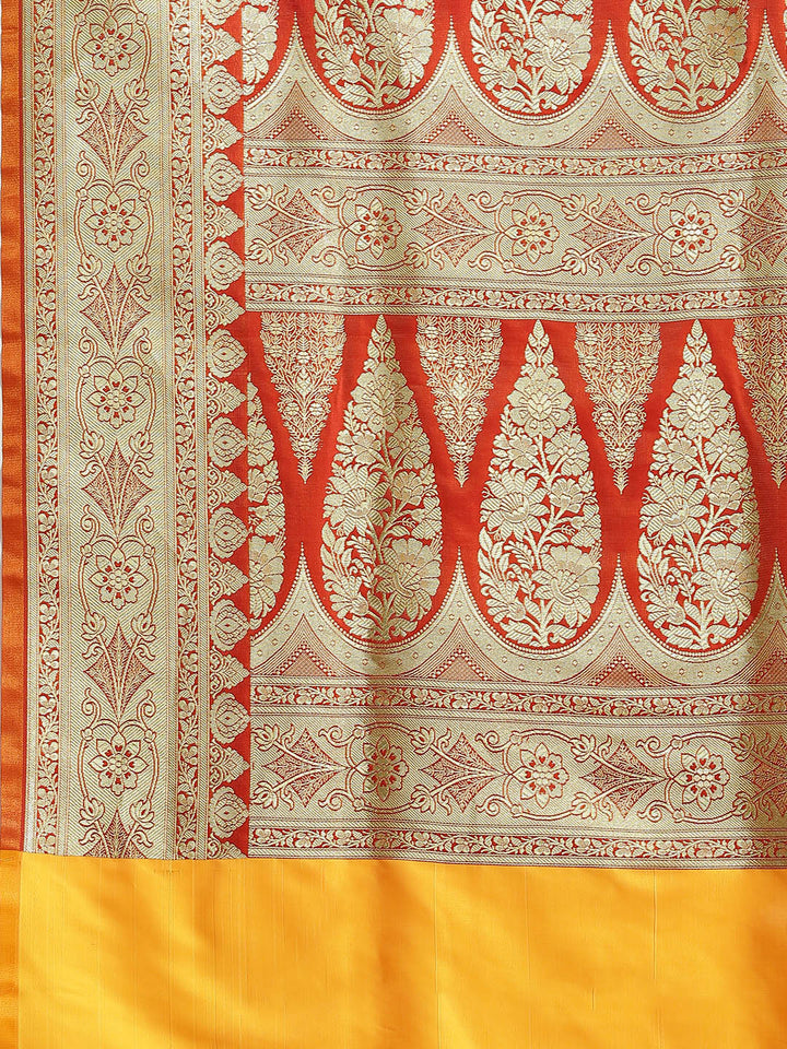 Red Kanjeevaram Wedding Silk Saree With Mustard Contrast Pallu
