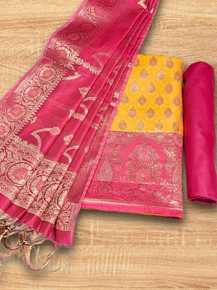 Bright Chanderi Silk Dress Material with contrast Meenakari weaving & Jhalar Dupatta