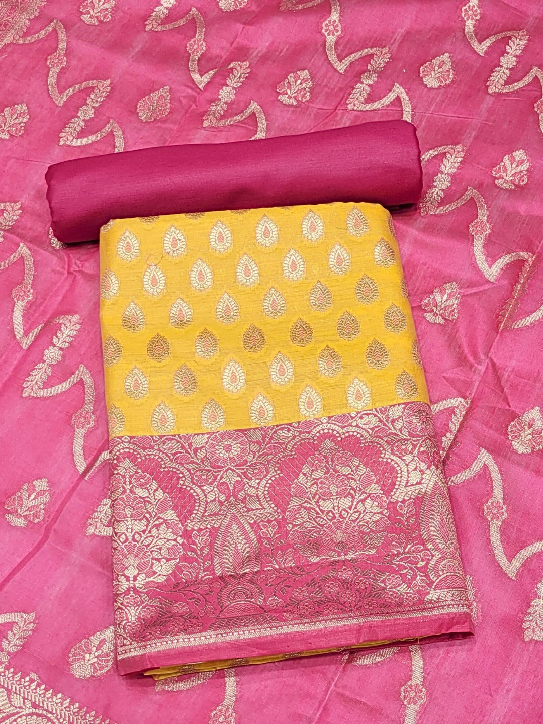 Bright Chanderi Silk Dress Material with contrast Meenakari weaving & Jhalar Dupatta