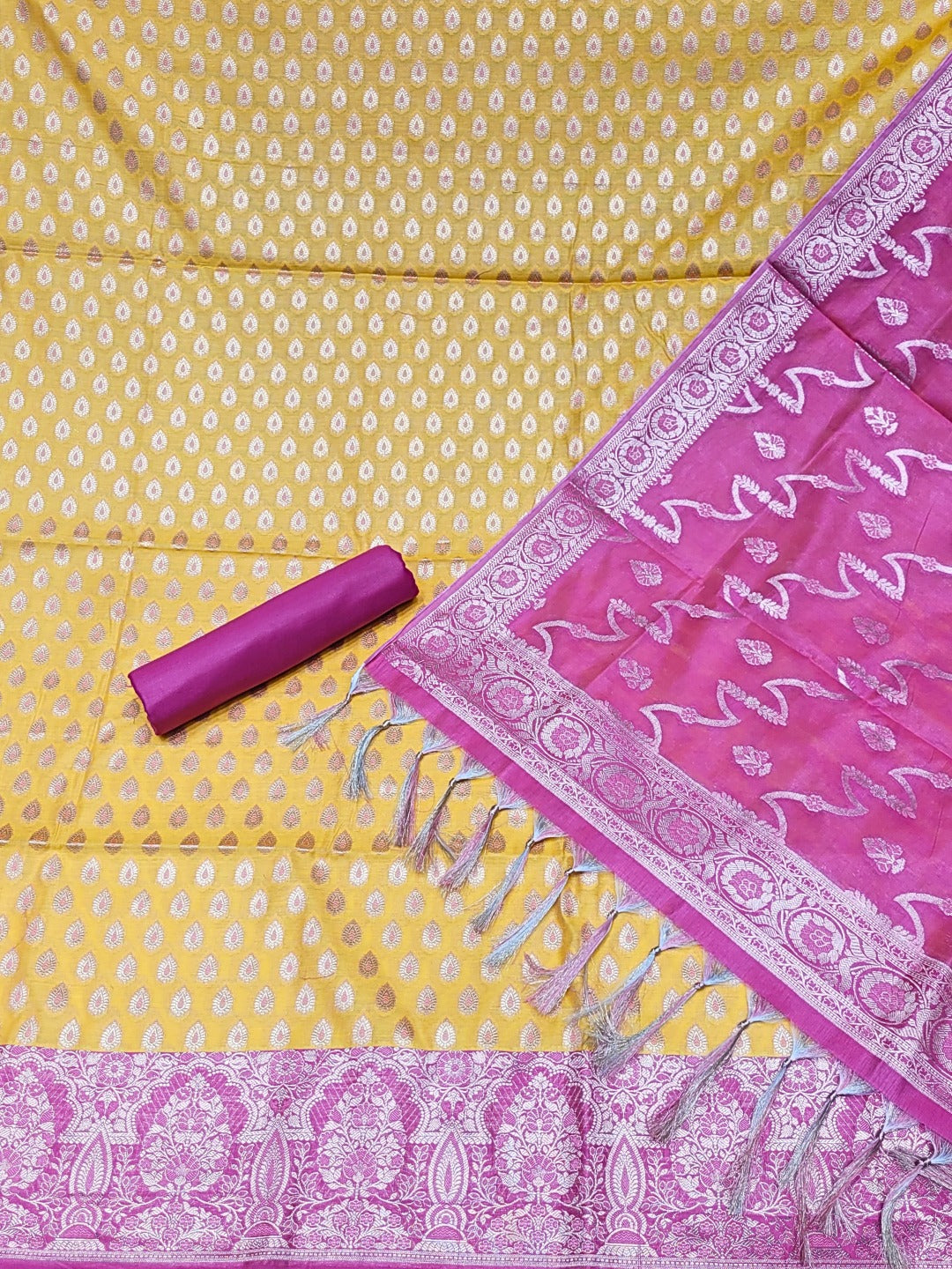 Bright Chanderi Silk Dress Material with contrast Meenakari weaving & Jhalar Dupatta