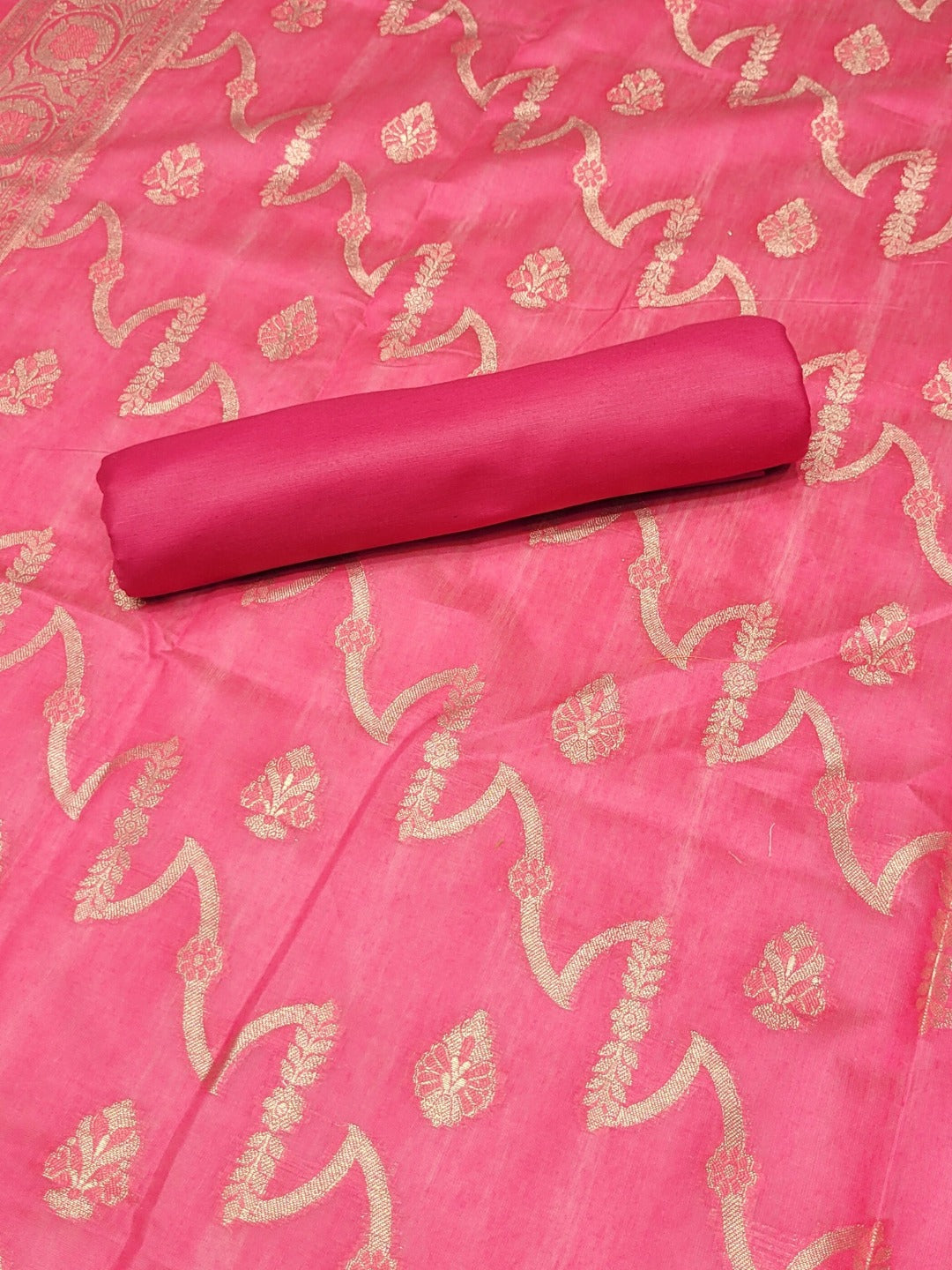 Bright Chanderi Silk Dress Material with contrast Meenakari weaving & Jhalar Dupatta