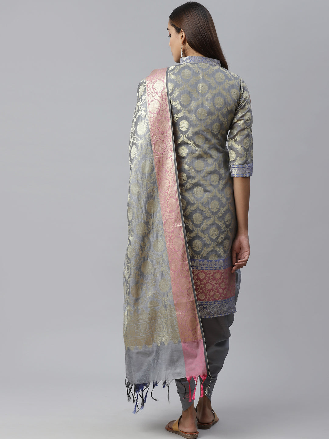 Handloom Chanderi Dress Material with Gold Floral Weave Pattern & Banarasi Duppatta