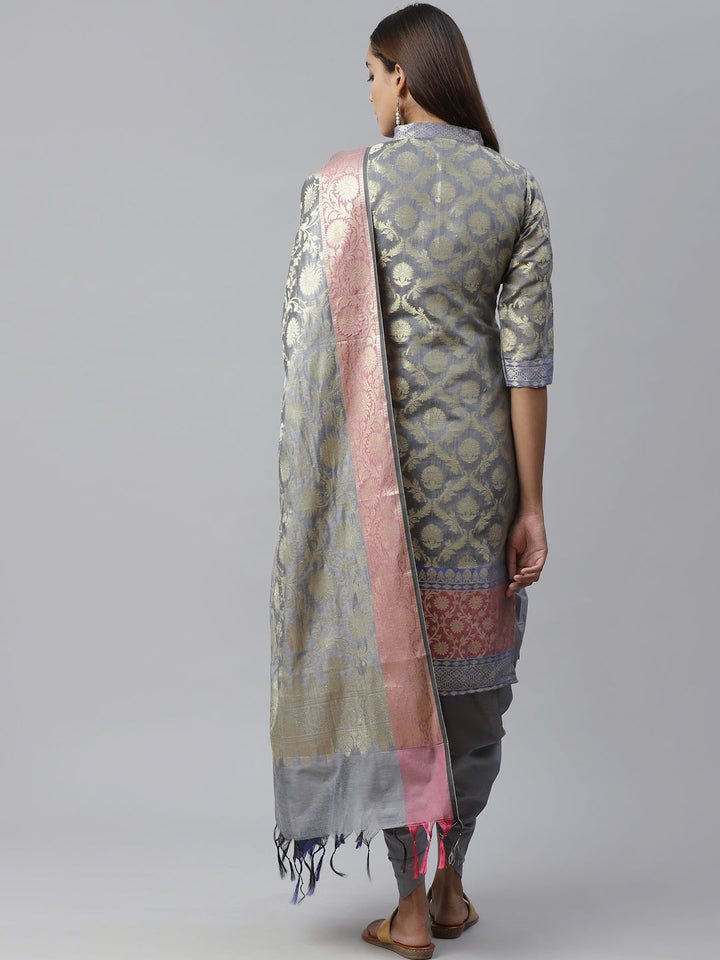 Handloom Chanderi Dress Material with Gold Floral Weave Pattern & Banarasi Duppatta