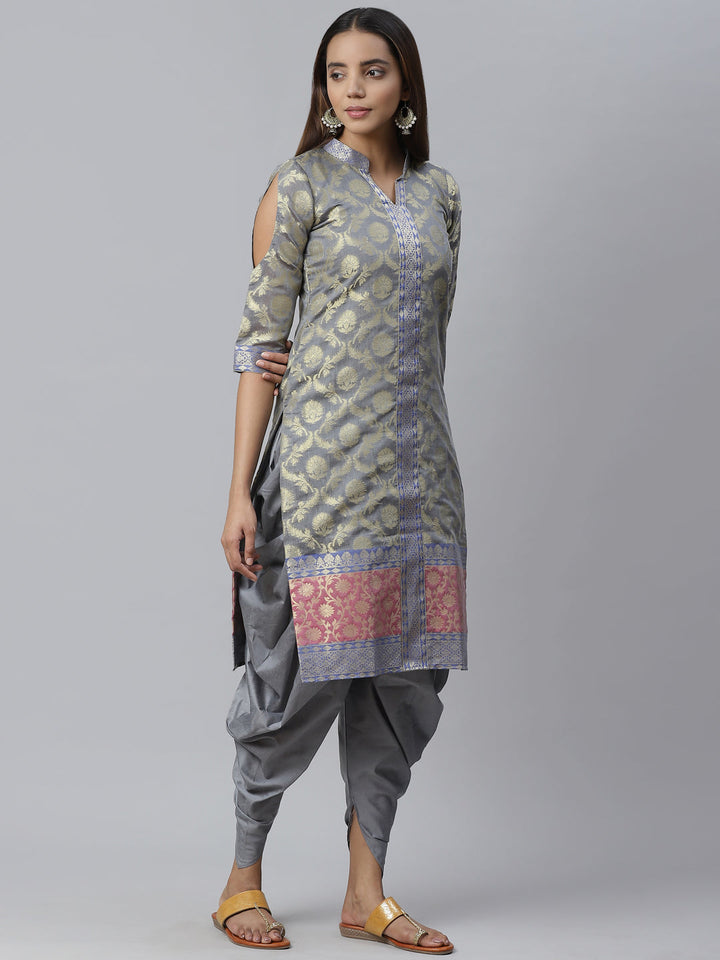 Handloom Chanderi Dress Material with Gold Floral Weave Pattern & Banarasi Duppatta