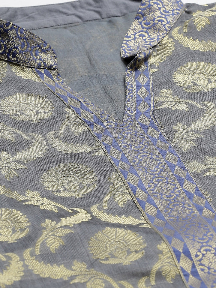 Handloom Chanderi Kurta Sets with Gold Floral Weave Pattern & Banarasi Dupatta