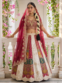 White Multicolor Panelled Bridal Lehenga Choli with Contrast Blouse