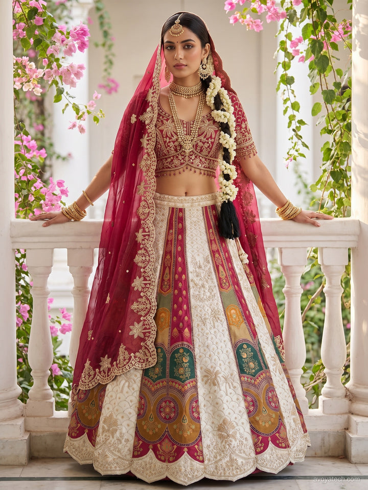 White Multicolor Panelled Bridal Lehenga Choli with Contrast Blouse
