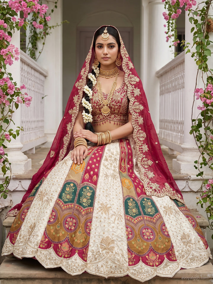 White Multicolor Panelled Bridal Lehenga Choli with Contrast Blouse