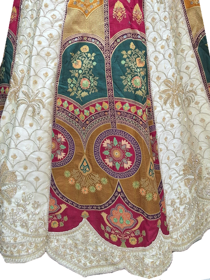 White Multicolor Panelled Bridal Lehenga Choli with Contrast Blouse