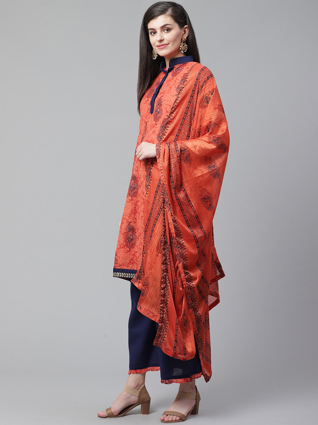 Handloom Cotton Dress Material with Block Printing and Mirror Embellishments /Borders