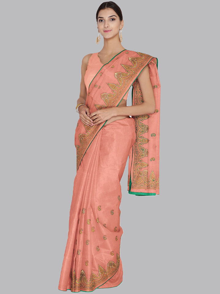 Strawberry Pink Color Tussar Silk Saree with Resham Embroidery