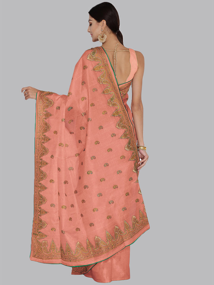 Strawberry Pink Color Tussar Silk Saree with Resham Embroidery