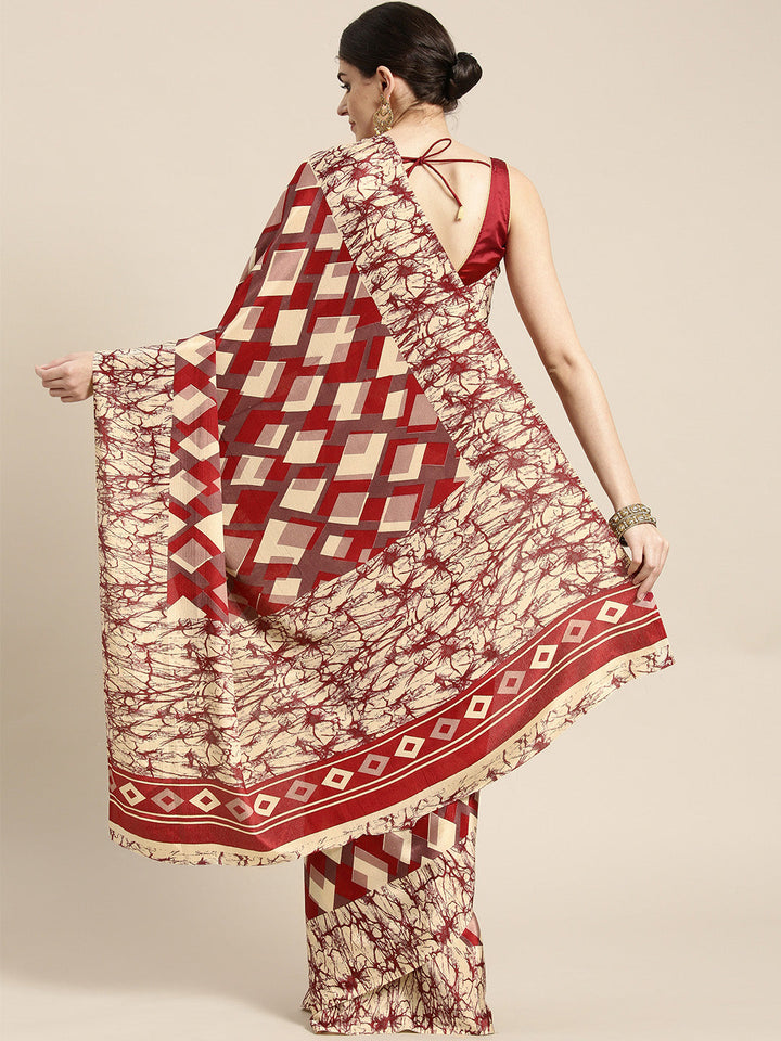 French Crepe Saree with Geometrical Colorblocked Print