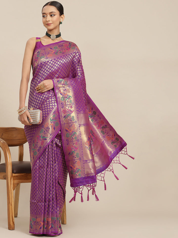 Wine Paithani Silk Handloom Saree with Zari Meenakari Peacock Motifs