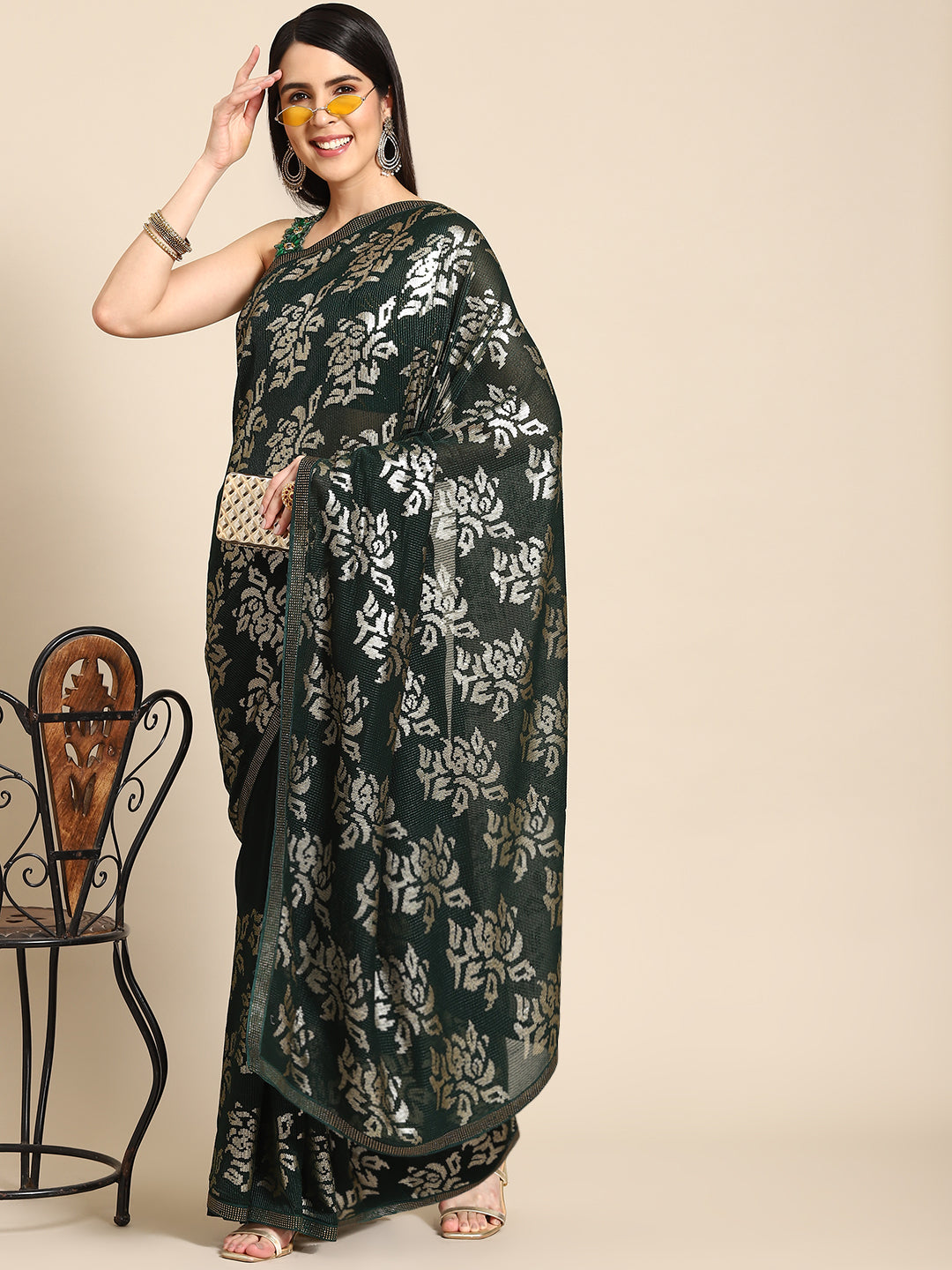 Bottle Green Cocktail Georgette Saree with Crystal Embellished Border