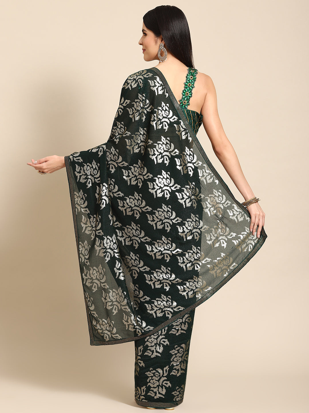 Bottle Green Cocktail Georgette Saree with Crystal Embellished Border