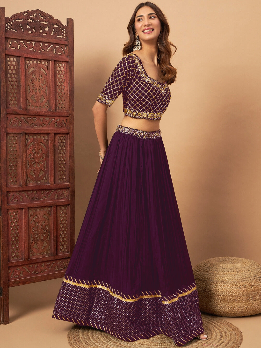 Mirror Embellished Flared Georgette Lehenga Set & Sequin Embroidered Chinon Dupatta