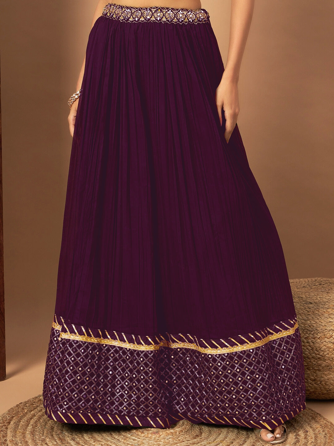 Mirror Embellished Flared Georgette Lehenga Set & Sequin Embroidered Chinon Dupatta