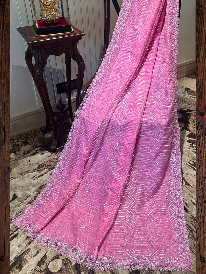 Pink Embroidered Net Saree