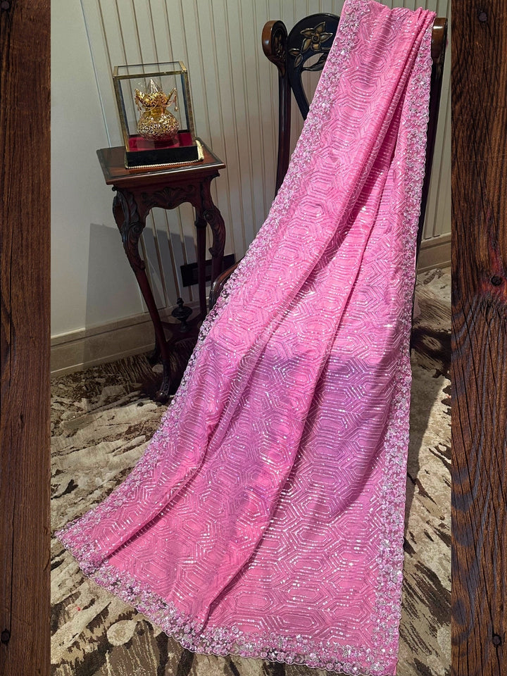Pink Embroidered Net Saree