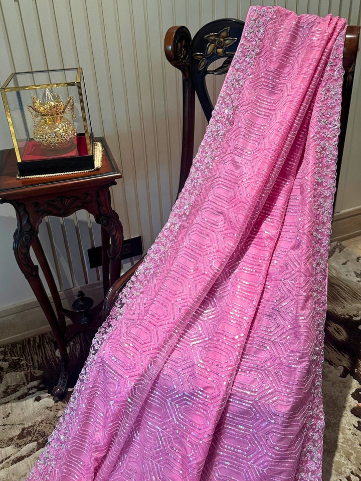 Pink Embroidered Net Saree