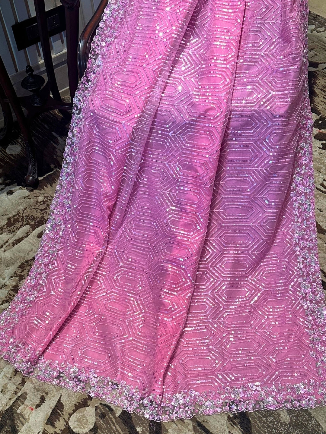 Pink Embroidered Net Saree