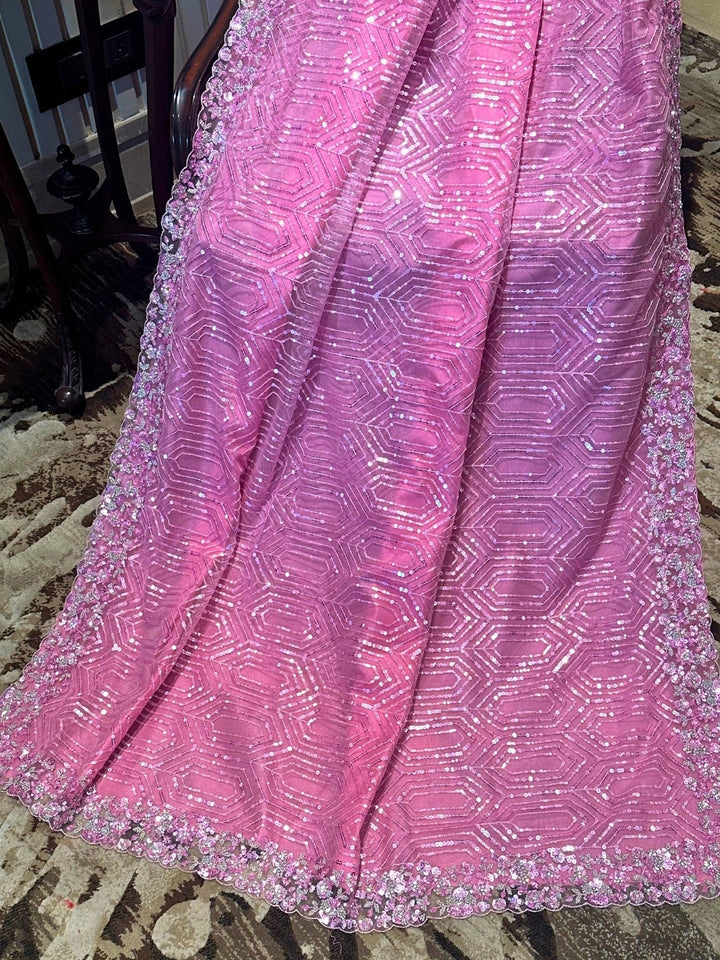 Pink Embroidered Net Saree
