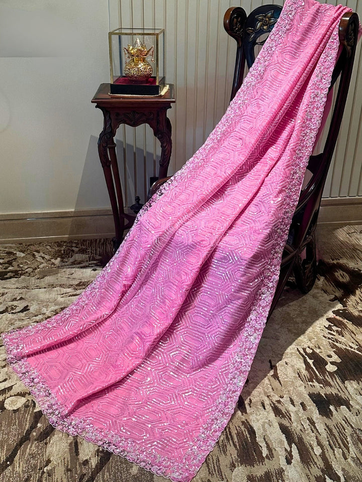 Pink Embroidered Net Saree