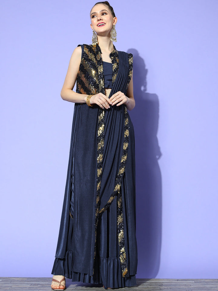 Pre - Stitched Draped Navy Blue Ruffles Lycra Saree With Jacket