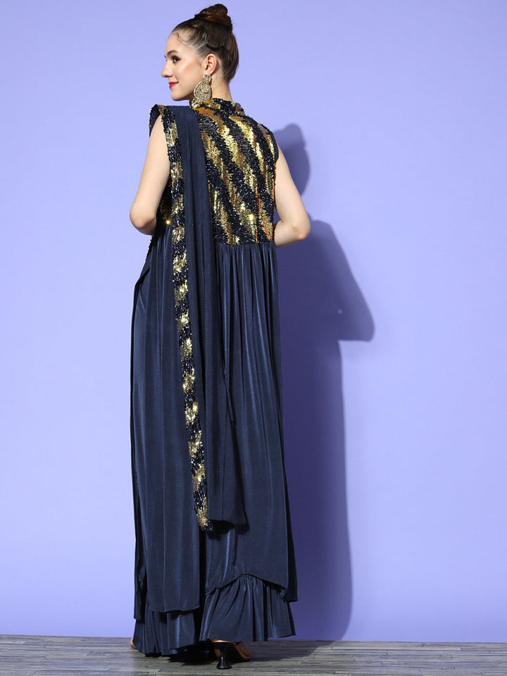 Pre - Stitched Draped Navy Blue Ruffles Lycra Saree With Jacket