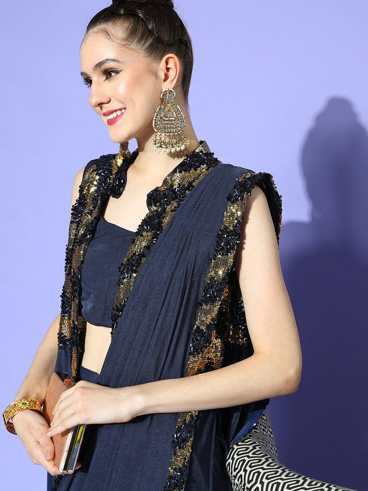Pre - Stitched Draped Navy Blue Ruffles Lycra Saree With Jacket