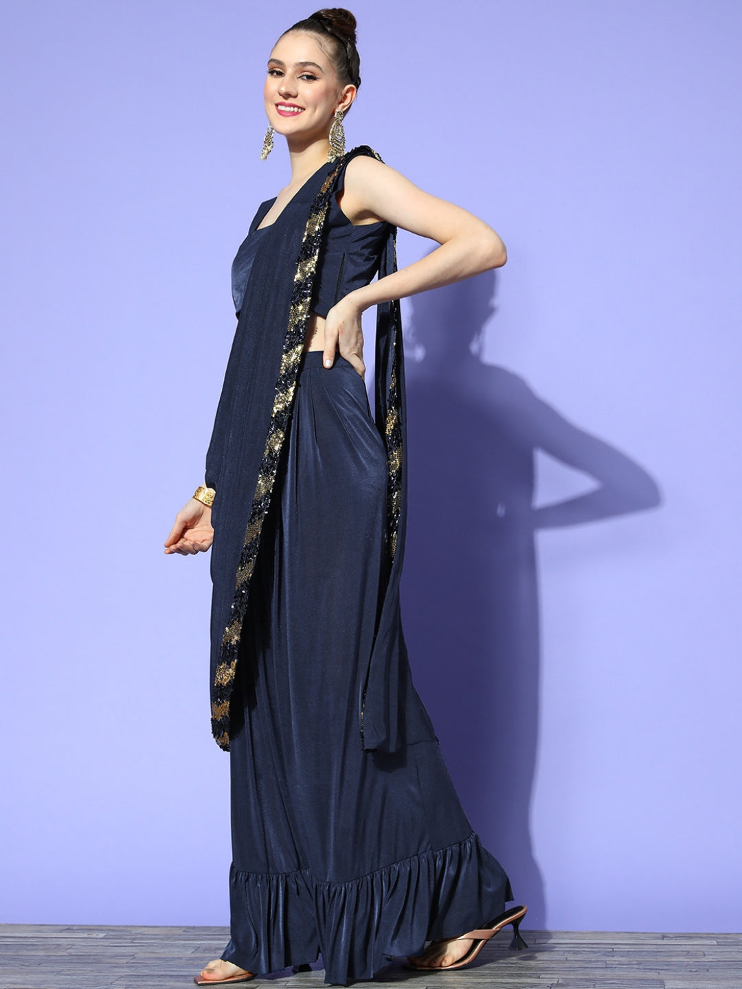 Pre - Stitched Draped Navy Blue Ruffles Lycra Saree With Jacket