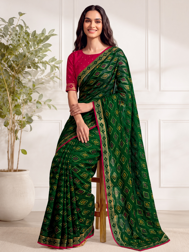 Green Bandhani Printed Saree with Contrast Pink Border
