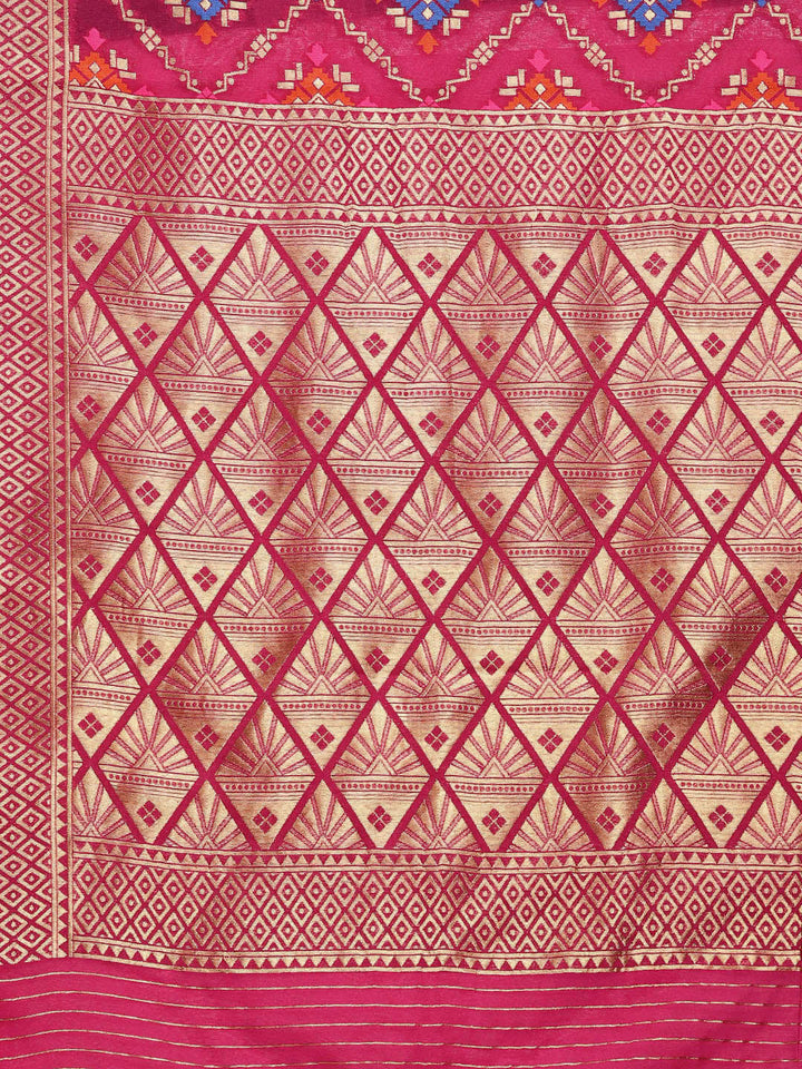 Mysore Silk Saree with Zari Weaving and Ikat Inspired Resham Pattern