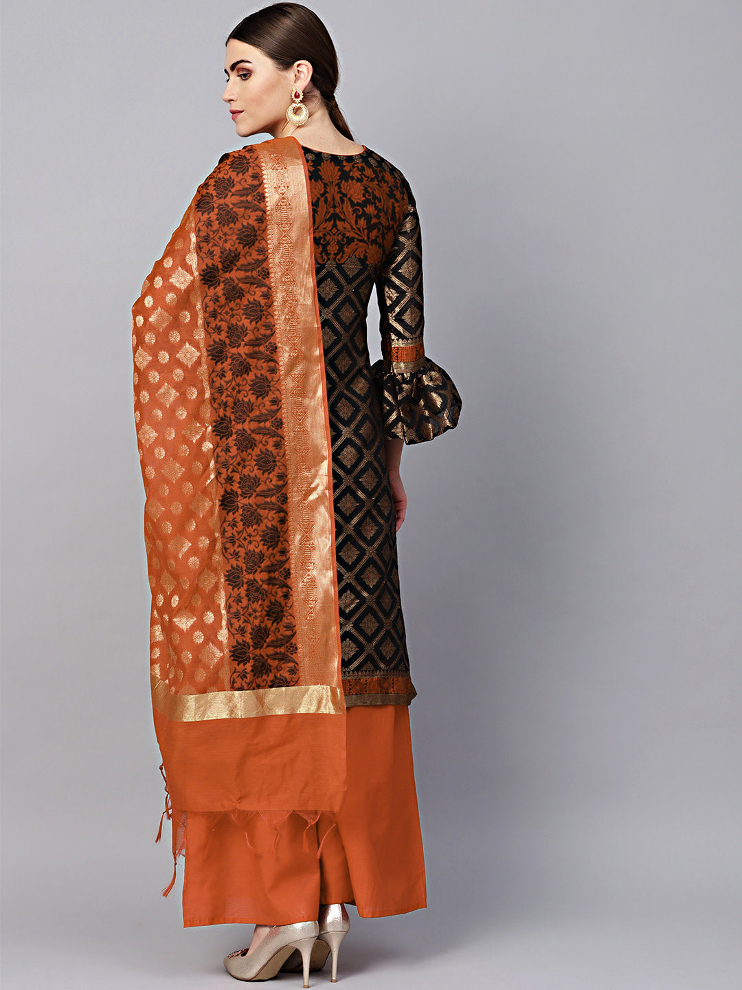 Unstitched Orange Banarasi Suit with Zari Resham Weaving and dupatta