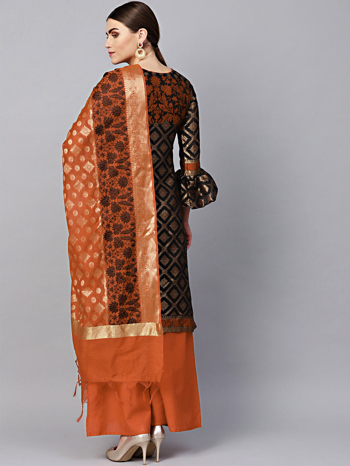 Unstitched Orange Banarasi Suit with Zari Resham Weaving and dupatta
