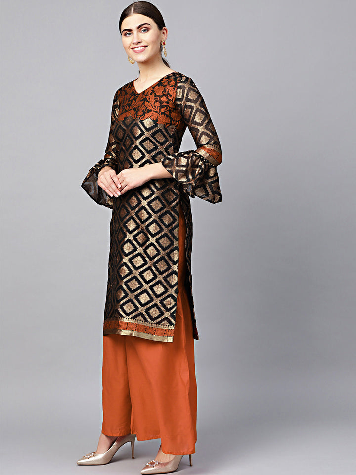 Unstitched Orange Banarasi Suit with Zari Resham Weaving and dupatta