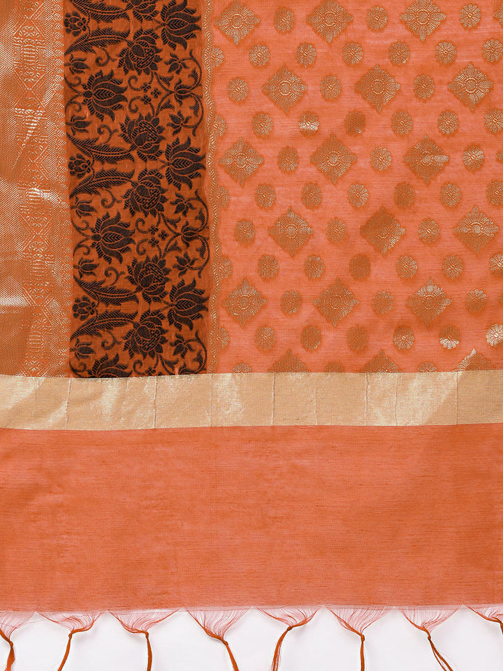 Unstitched Orange Banarasi Suit with Zari Resham Weaving and dupatta