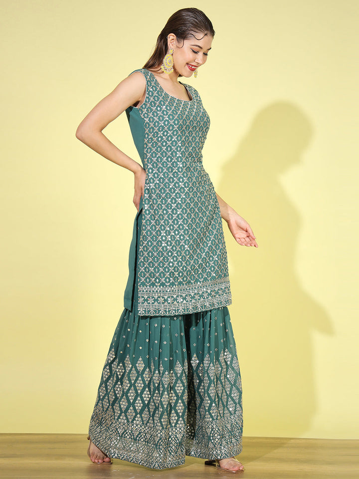 Teal Green Mirror Embellished Kurta with Zari Embroidered Sharara