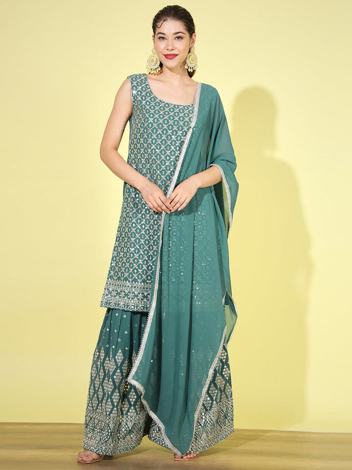 Teal Green Mirror Embellished Kurta with Zari Embroidered Sharara