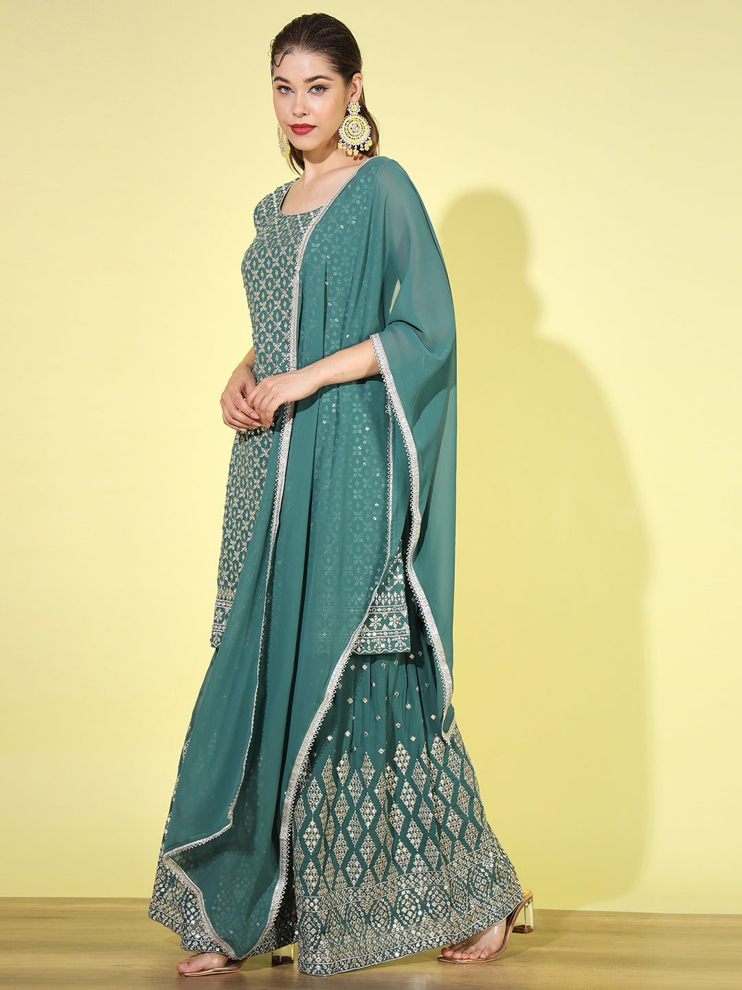Teal Green Mirror Embellished Kurta with Zari Embroidered Sharara