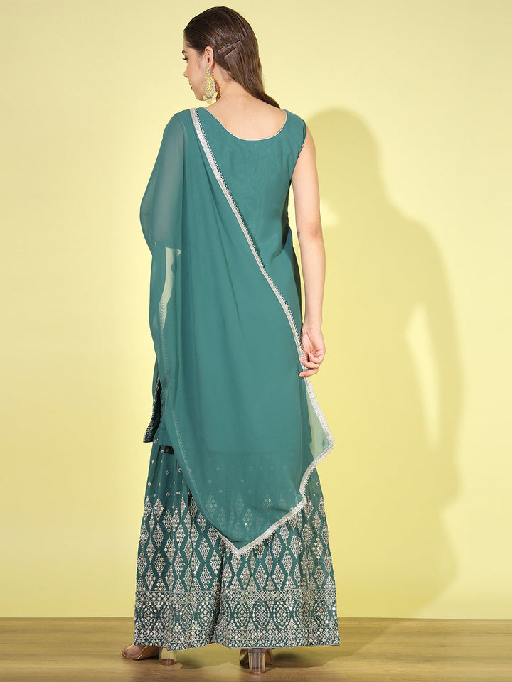 Teal Green Mirror Embellished Kurta with Zari Embroidered Sharara