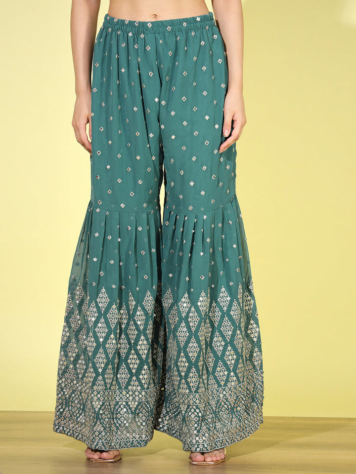 Teal Green Mirror Embellished Kurta with Zari Embroidered Sharara