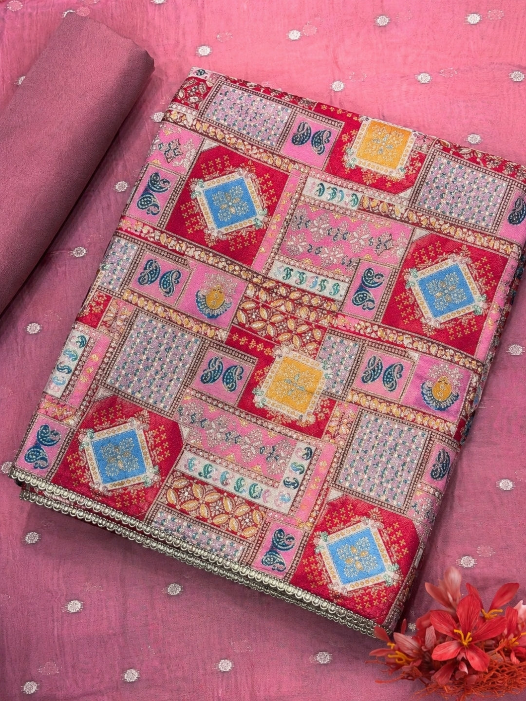 Zari Meenakari Weaving South Crepe Unstitched Suit with Organza Zari Handloom Dupatta