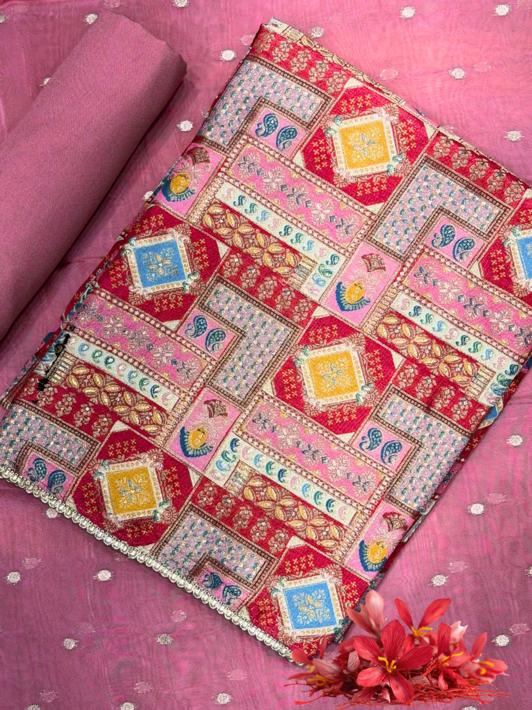 Zari Meenakari Weaving South Crepe Unstitched Suit with Organza Zari Handloom Dupatta