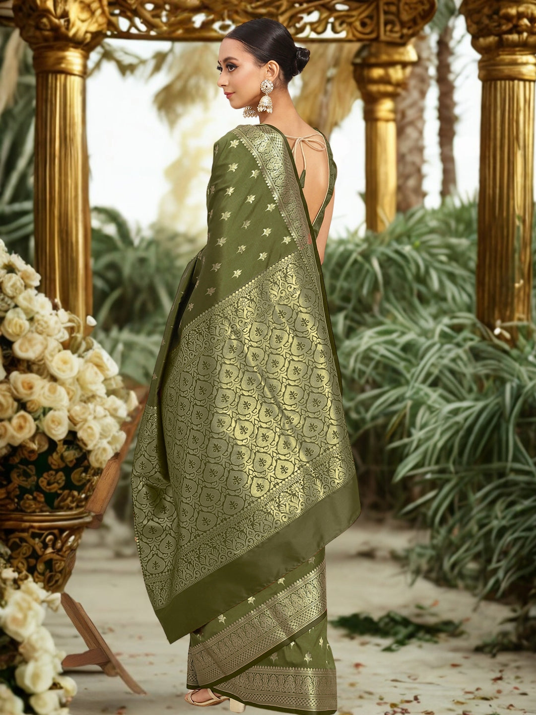 Mysore Handloom Silk Saree with Zari Woven Ethnic Tropical Motifs
