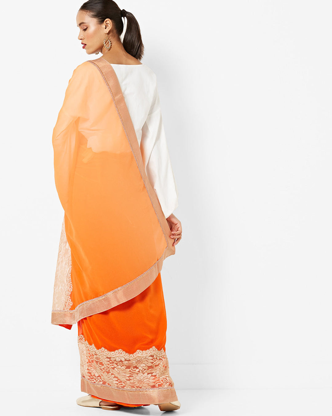 Ombre Pastel Orange Georgette  Summer Saree with Chantilly Lace Border
