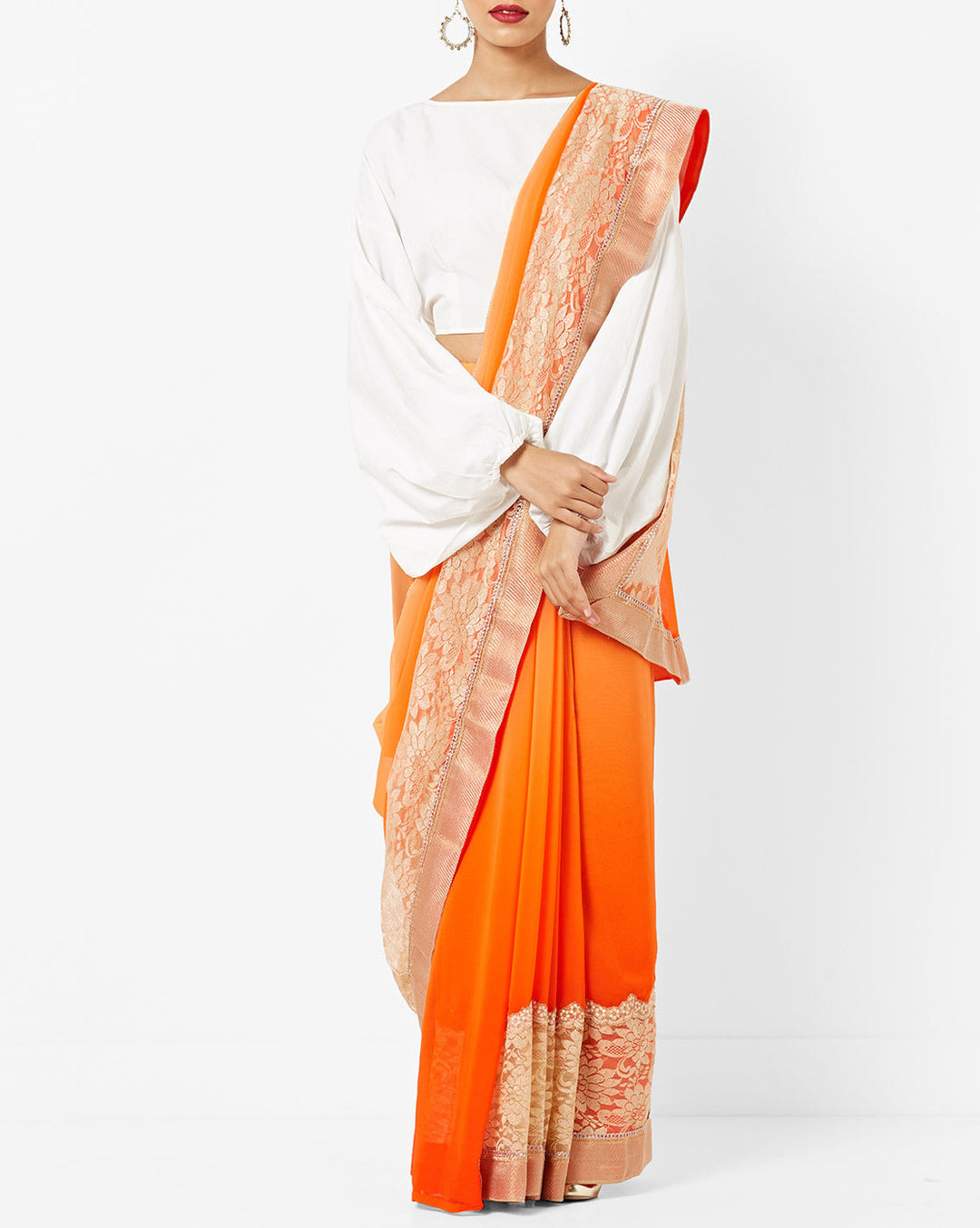Ombre Pastel Orange Georgette  Summer Saree with Chantilly Lace Border